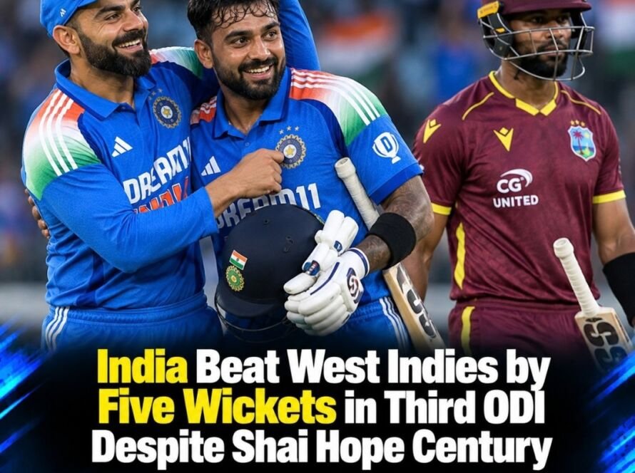 Shai Hope celebrates after scoring 162 against India in the third ODI