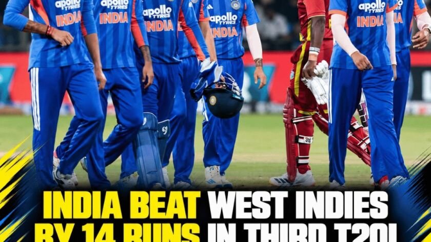 India celebrate their 14-run victory over West Indies in the third T20I at Holkar Stadium, Indore