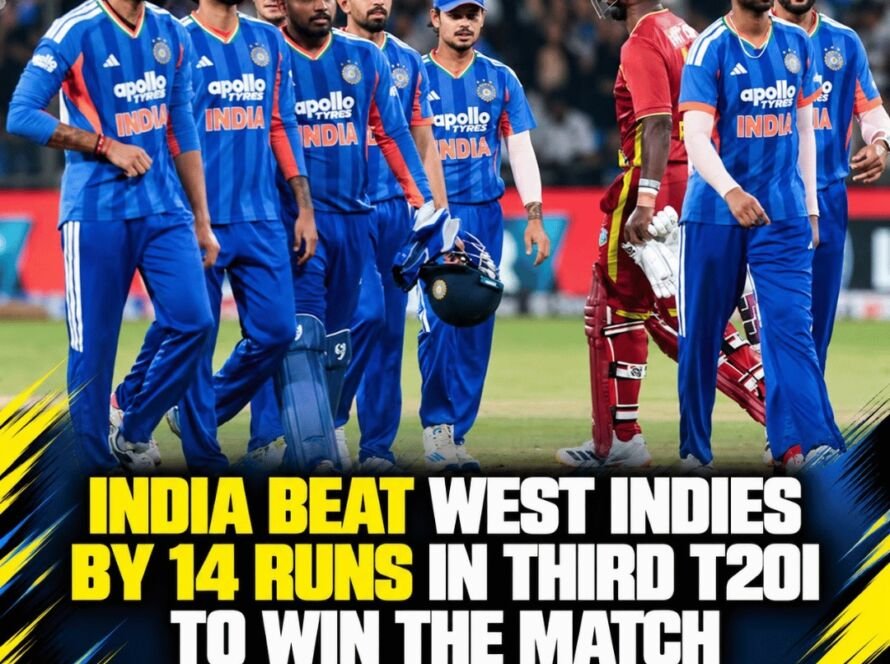 India celebrate their 14-run victory over West Indies in the third T20I at Holkar Stadium, Indore
