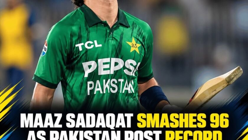 Maaz Sadaqat celebrates his 96-run innings against Sri Lanka in the second T20I